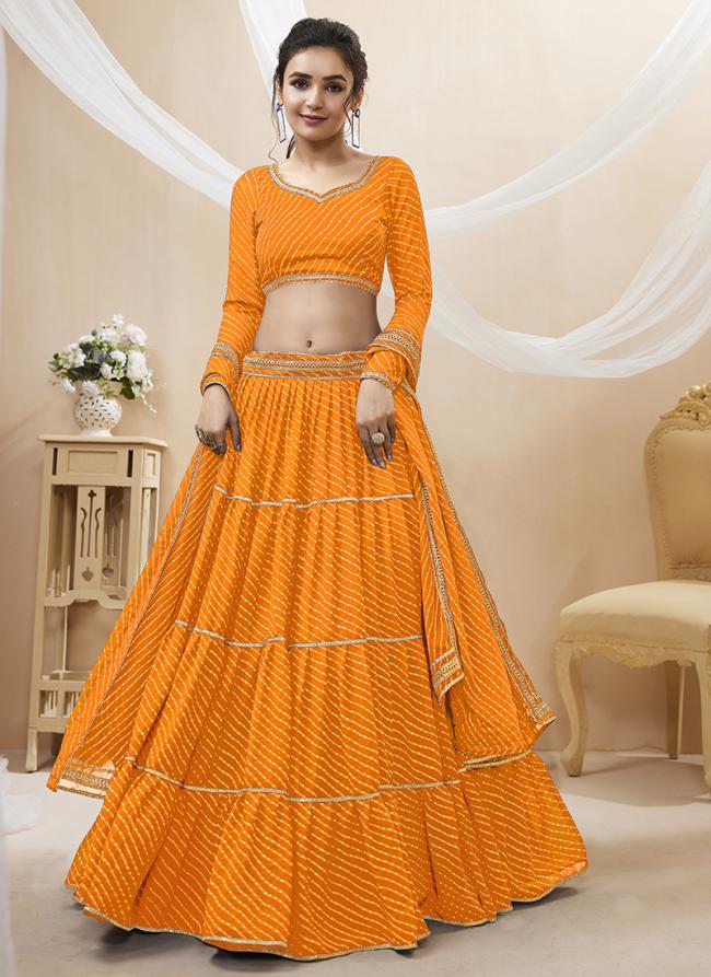 Georgette Yellow Party Wear Leheriya Printed Lehenga Choli